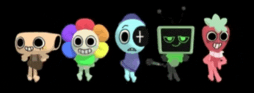 a group of cartoon characters are standing next to each other in a row on a black background .