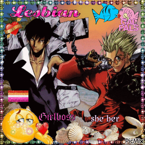 a picture of two anime characters with the words lesbian girlboss she her on it