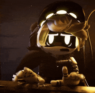 a cartoon character wearing a helmet and goggles looks at the camera