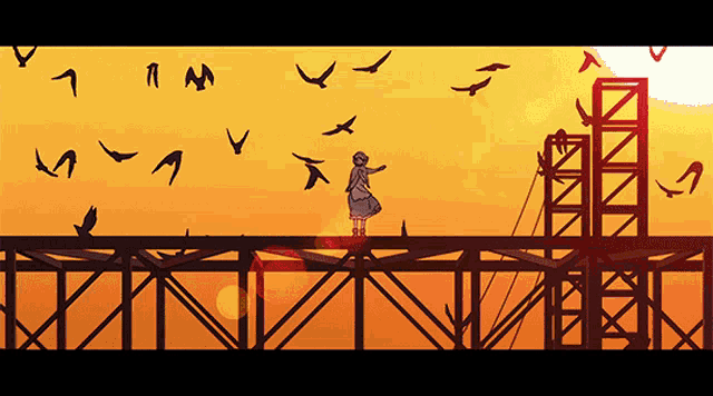a drawing of a person standing on a bridge with birds flying around
