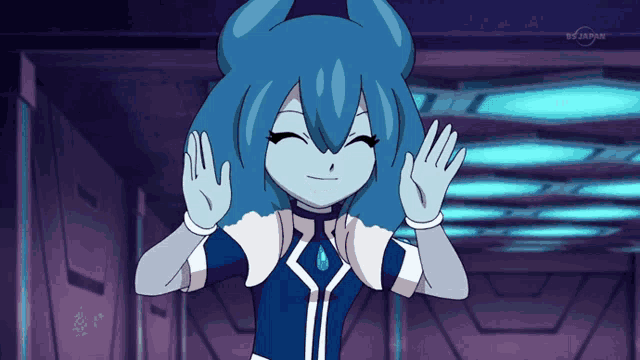 a cartoon character with blue hair and white gloves is on a tv screen that says bs japan