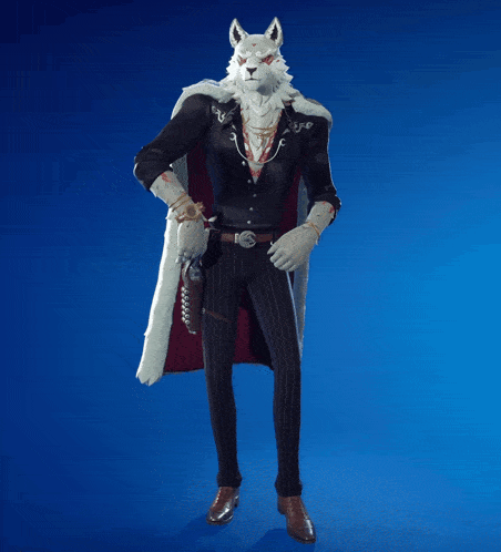 a man with a white furry head wearing a black suit