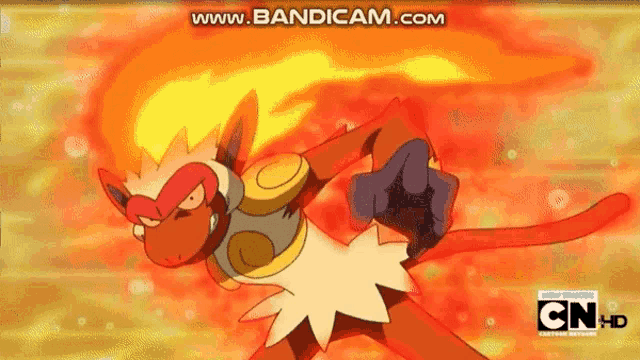 a cartoon character is standing in front of a fire and a cartoon network logo .