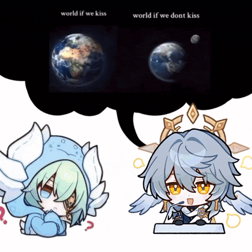 a cartoon of a girl with wings and a speech bubble that says world if we kiss and world if we don t kiss