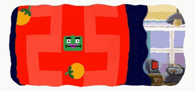 a cartoon drawing of a red blanket with a green robot on it