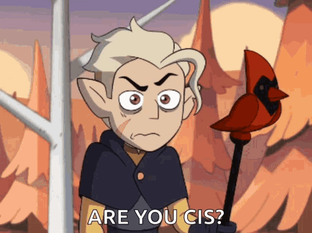a cartoon character is holding a red bird and asking are you cis