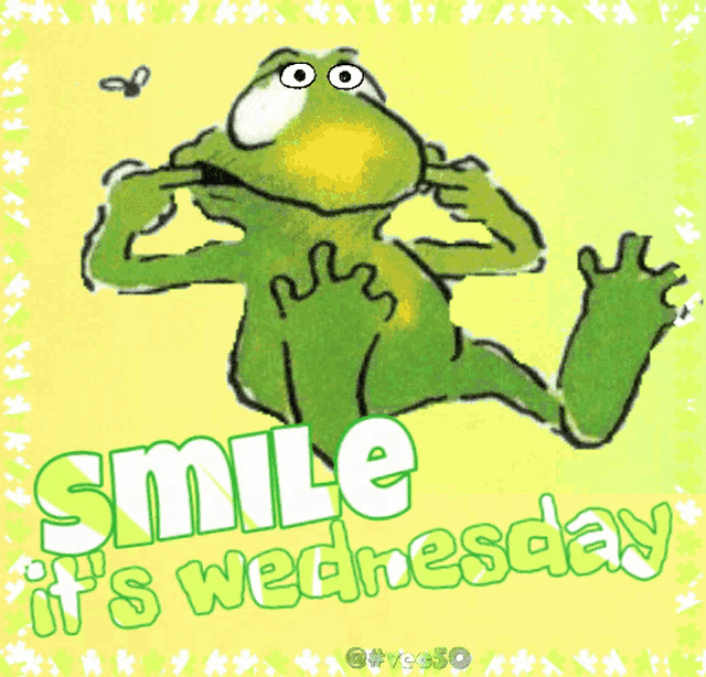a picture of a frog with the words smile it 's wednesday on it