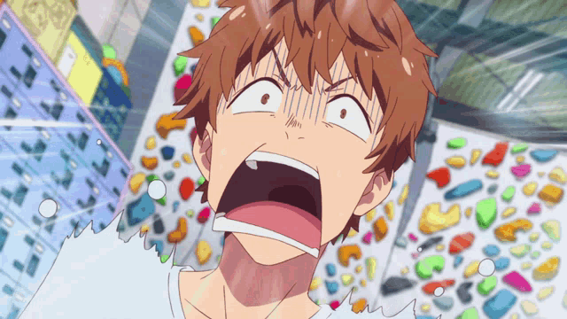 a boy with a surprised look on his face is standing in front of a colorful background