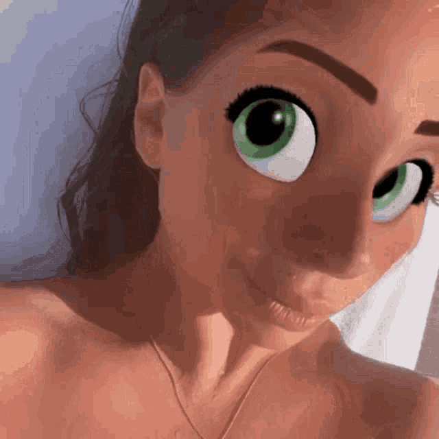 a close up of a woman with cartoon eyes