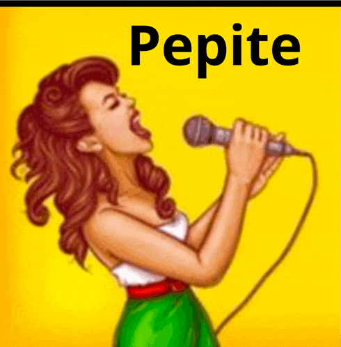 a cartoon of a woman singing into a microphone with the word pepite behind her