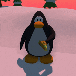 a penguin is standing in the snow holding a taco in its hand
