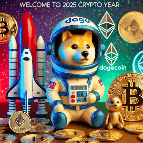 a picture of a doge in a space suit surrounded by coins and a sign that says " welcome to 2025 crypto year "