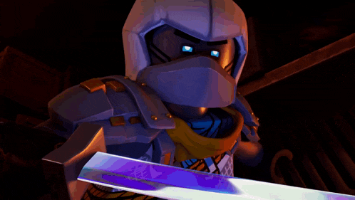 a cartoon character is holding a sword and wearing a helmet