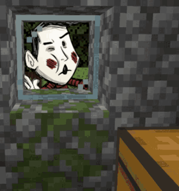 a pixel art drawing of a man in a scarf looking out a window