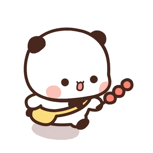 a cartoon panda bear is holding a stick with red balls on it