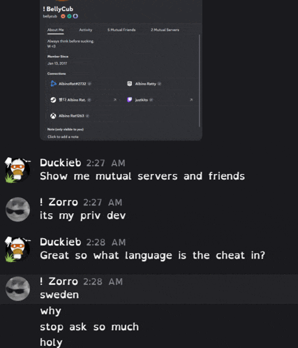 a screenshot of a conversation between duckieb and zorro about mutual servers and friends