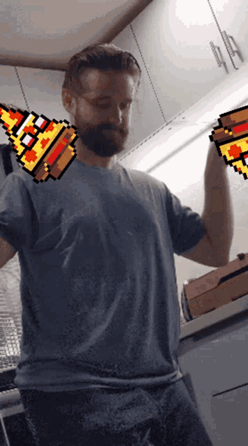 a pixelated image of a man with a beard holding a pizza box