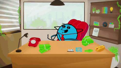 a blue cartoon character is sitting at a desk with a bunch of money on it