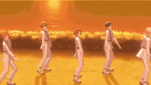 a group of anime characters in white suits are dancing in front of a sunset .