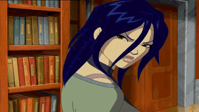 a cartoon girl with blue hair stands in front of a book shelf