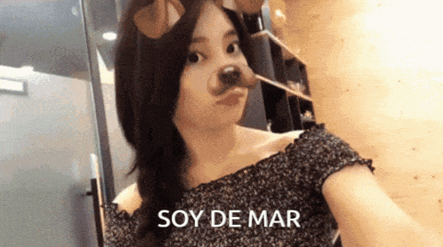 a woman wearing a dog mask with the words soy de mar below her