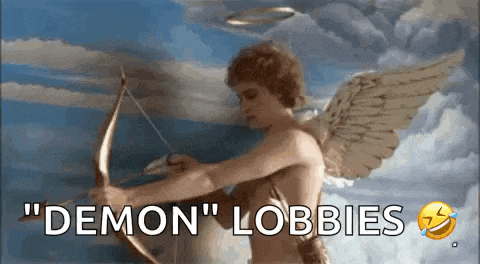 a cupid with wings is holding a bow and arrow and says " demon " lobbies .