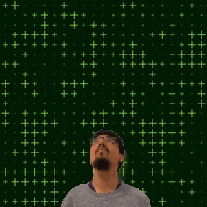 a man with glasses and a beard is looking up at the number 12