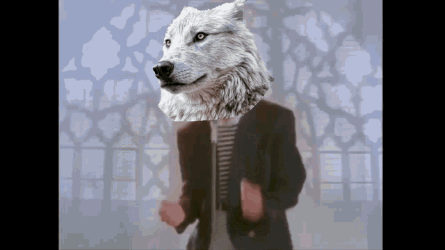 a man in a suit has a white wolf head on his head