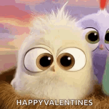 a cartoon owl with big eyes is sitting next to a purple owl .