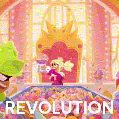 a cartoon of a woman sitting on a throne next to a bowl of cereal with the words revolution below her