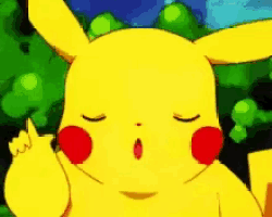 a close up of a pikachu cartoon character making a funny face with his eyes closed .