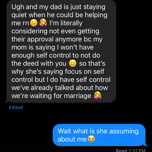 a text message between a man and a woman says that the man is just staying quiet when he could be helping the woman