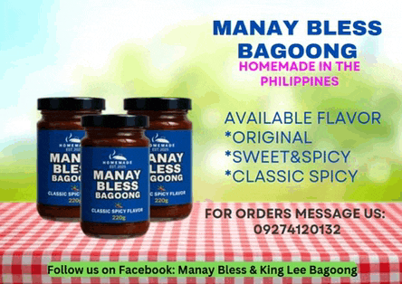 three jars of manay bless bagoong sit on a checkered tablecloth