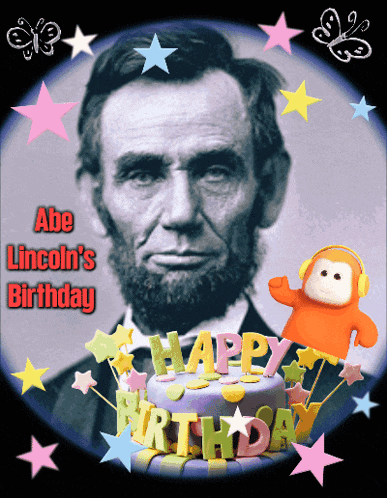 a picture of abraham lincoln with a cake that says " happy birthday "