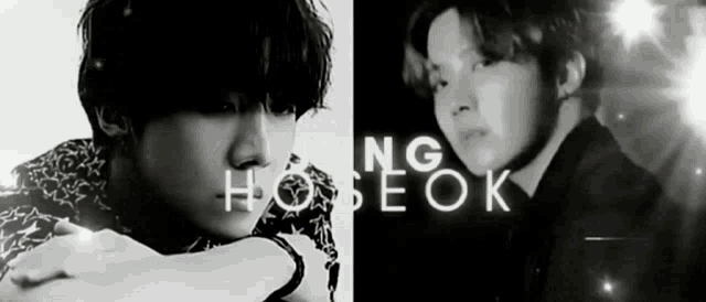 a black and white photo of jung ho seok and a close up of jung ho seok 's face .