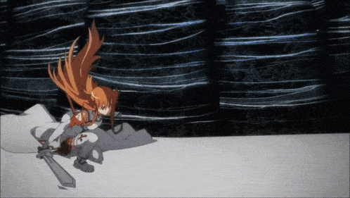 a girl with long red hair is holding a sword in her hand