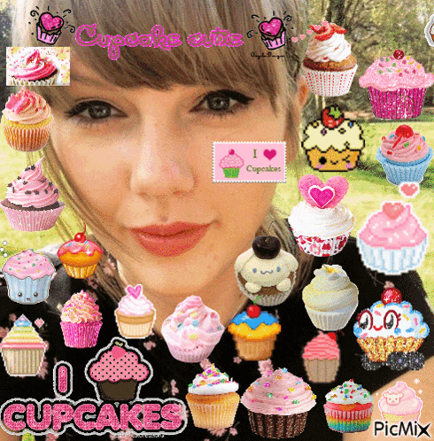 a woman is surrounded by cupcakes and the words cupcakes cute are above her