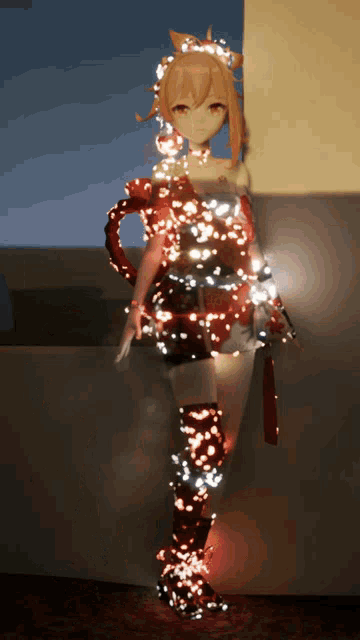 a girl in a red dress is surrounded by glowing lights