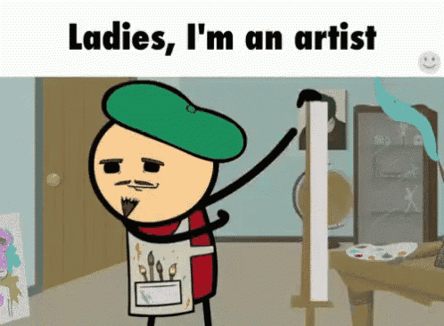 a cartoon of a man wearing a green hat and an apron that says " ladies i 'm an artist "