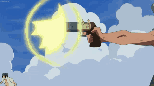 a cartoon character is holding a gun with the letter u on the barrel