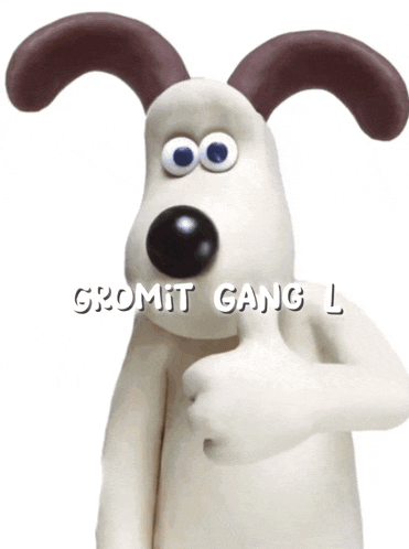 a cartoon dog giving a thumbs up with the words gromit gang l written below it
