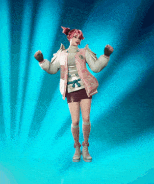 a girl with pink hair is wearing a pink jacket and white sweater