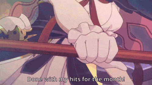 a cartoon of a girl holding a sword with the words done with my hits for the month