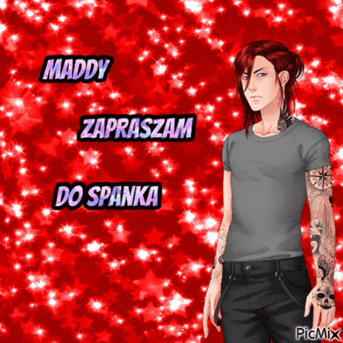 a man with a tattoo on his arm stands in front of a red background that says maddy zapraszam do spanka