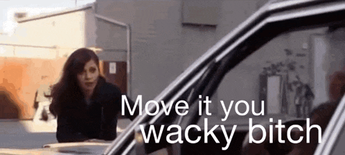 a woman standing next to a car with the words move it you wacky bitch above her
