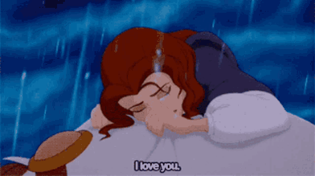 a cartoon character says i love you while laying on a bed