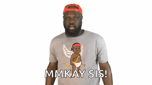 a man wearing a t-shirt with a cupid on it says mmkay sis