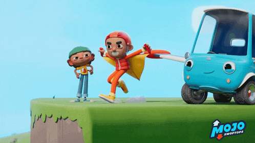 two cartoon characters standing next to a blue mojo shoptop