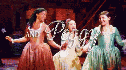 three women in dresses are dancing on a stage with the words and peggy written on the bottom .