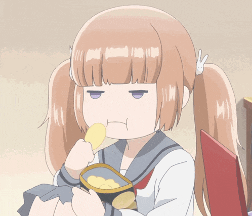 a girl with pigtails is eating potato chips and making a funny face